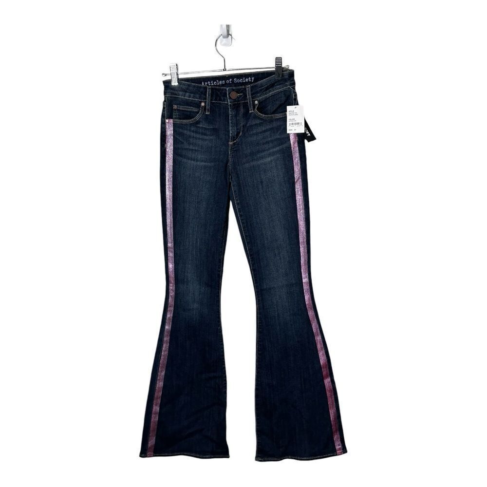 NWT Articles of Society Faith Flared Jeans, dark wash pink purple stripe size 25